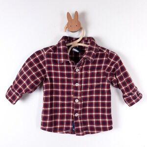 OshKosh B'gosh Flannel Shirt Baby 6-9M Red Navy Blue Plaid Button Front